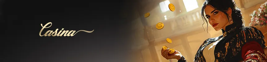 Woman in embroidered attire tossing gold coins in luxurious casino setting