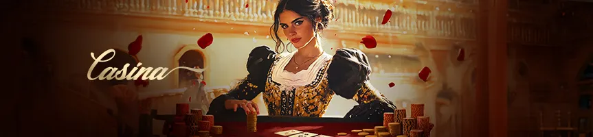 Elegant woman in ornate historical dress at casino table with rose petals