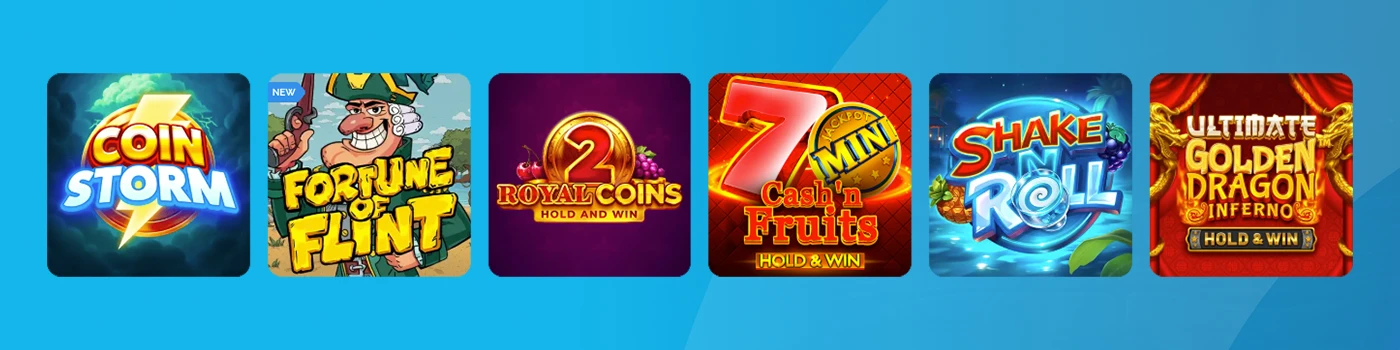 Row of colorful casino game icons including Coin Storm, Fortune of Flint, Royal Coins, Cash’n Fruits, Shake n Roll, and Ultimate Golden Dragon Inferno