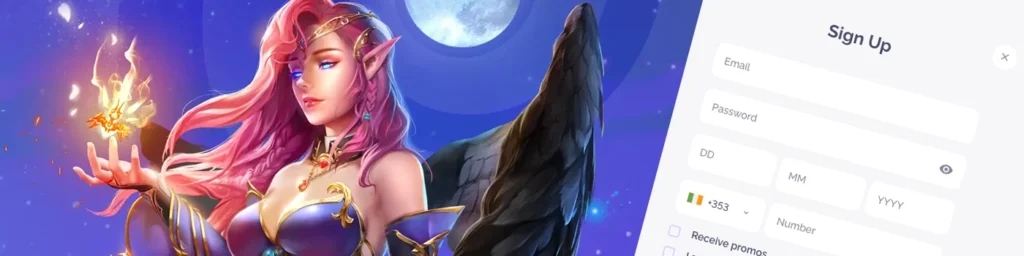 Fantasy-themed character with pink hair and wings next to a sign-up form showing fields for email, password, date of birth, and phone number.