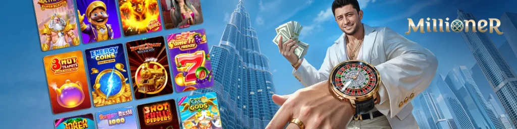 Millioner online casino games banner featuring slots and roulette.