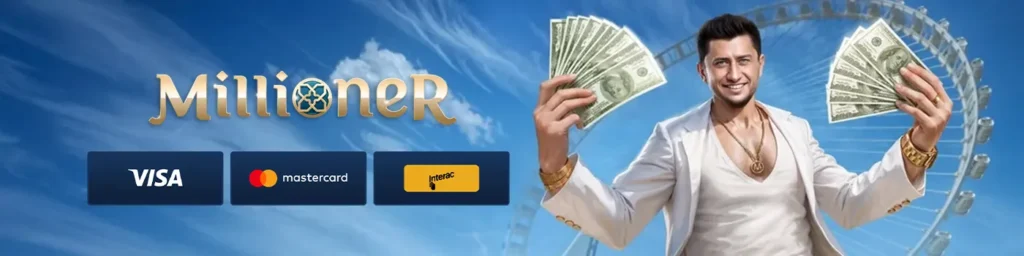 Millioner online casino payment methods banner with Visa, Mastercard, and Interac.