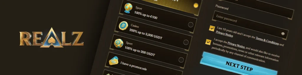 Realz Casino sign-up page with welcome bonuses and promotions
